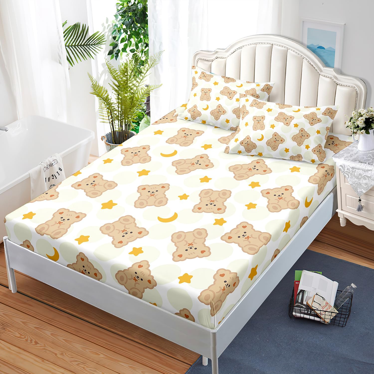 AILONEN Cute Bear Fitted Sheet Set Twin Size,3-Piece Kawaii Brown Teddy Bear Bed Sheet Set for Boys Girls,Lovely Animal Themed Fitted Sheet with 2 Pillowcases