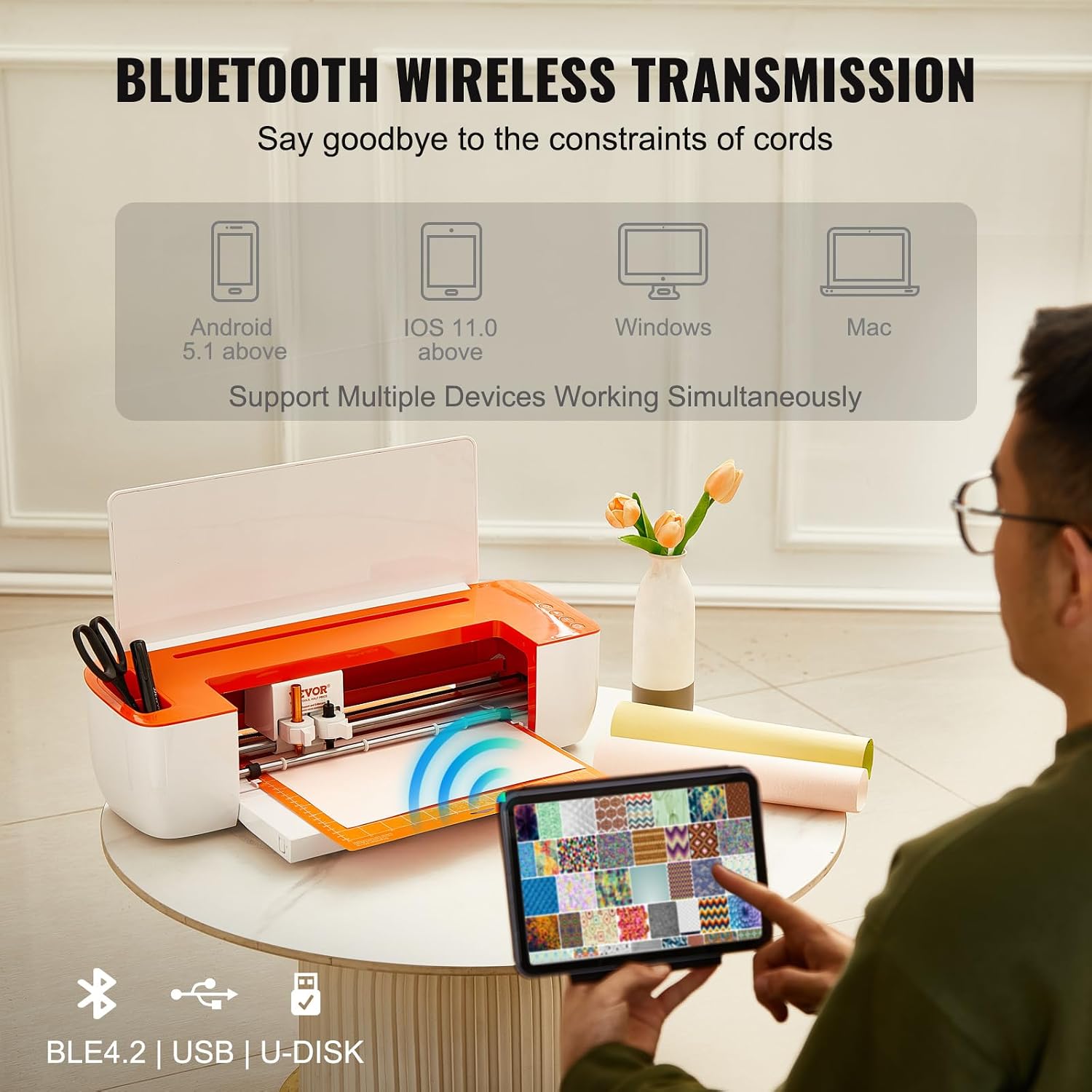 VEVOR Smart1 Vinyl Cutter showing Bluetooth connectivity with multiple devices