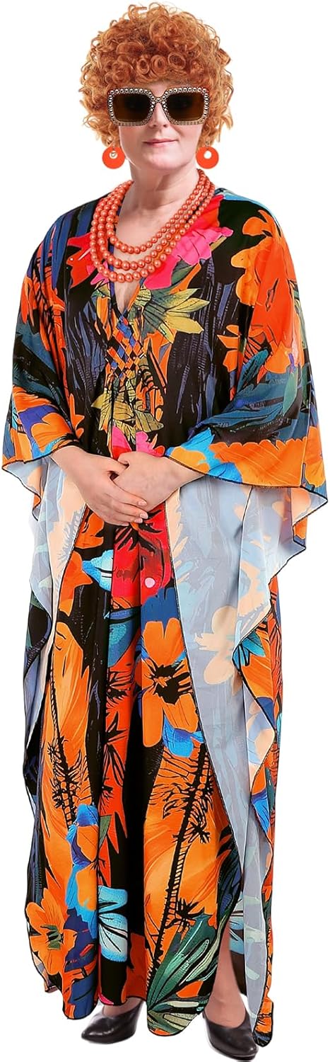 6 Pcs Carnival Landlady Women Costume Curly Wig Print Caftan Dresses Jewelry Set and Sunglass for Cosplay Party - Image 8
