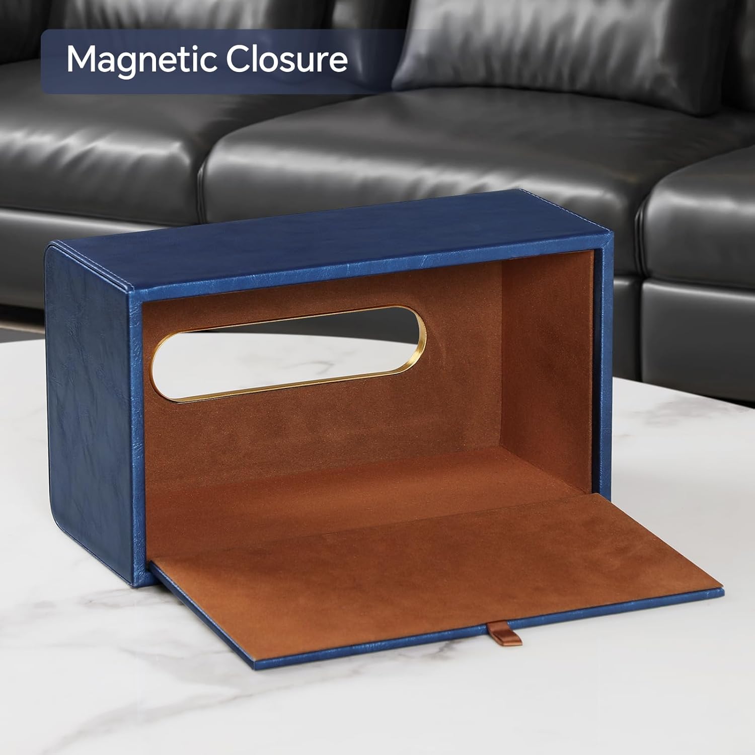 PU Leather Tissue Box Cover Rectangular Tissue Box Holder for Boxes Up to 3.9" Tall, Decorative Rectangle Tissue Cover for Bathroom Living Room Car Office (Navy Blue)