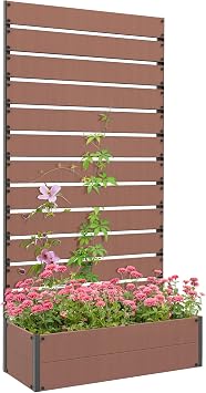 Raised Garden Bed with Trellis for Climbing Plants, Self-Draining Planter Box for Outdoor, Patio & Deck