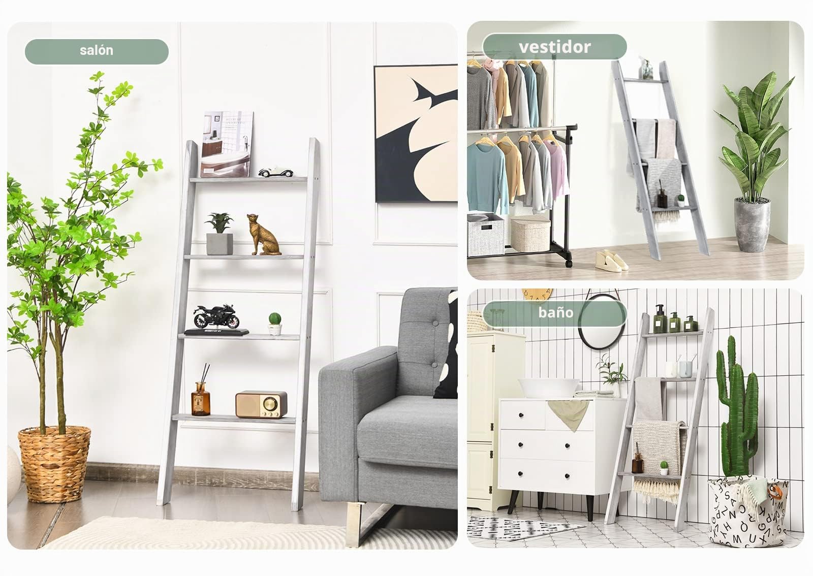 LIFEZEAL Toallero Escalera de 4 Niveles, estantería de Escalera Decorativa de Pared, Estante Escalera de Madera de Pino, Organizador de pie de Almacenamiento para Toalla baño, salón, Estudio (Gris)