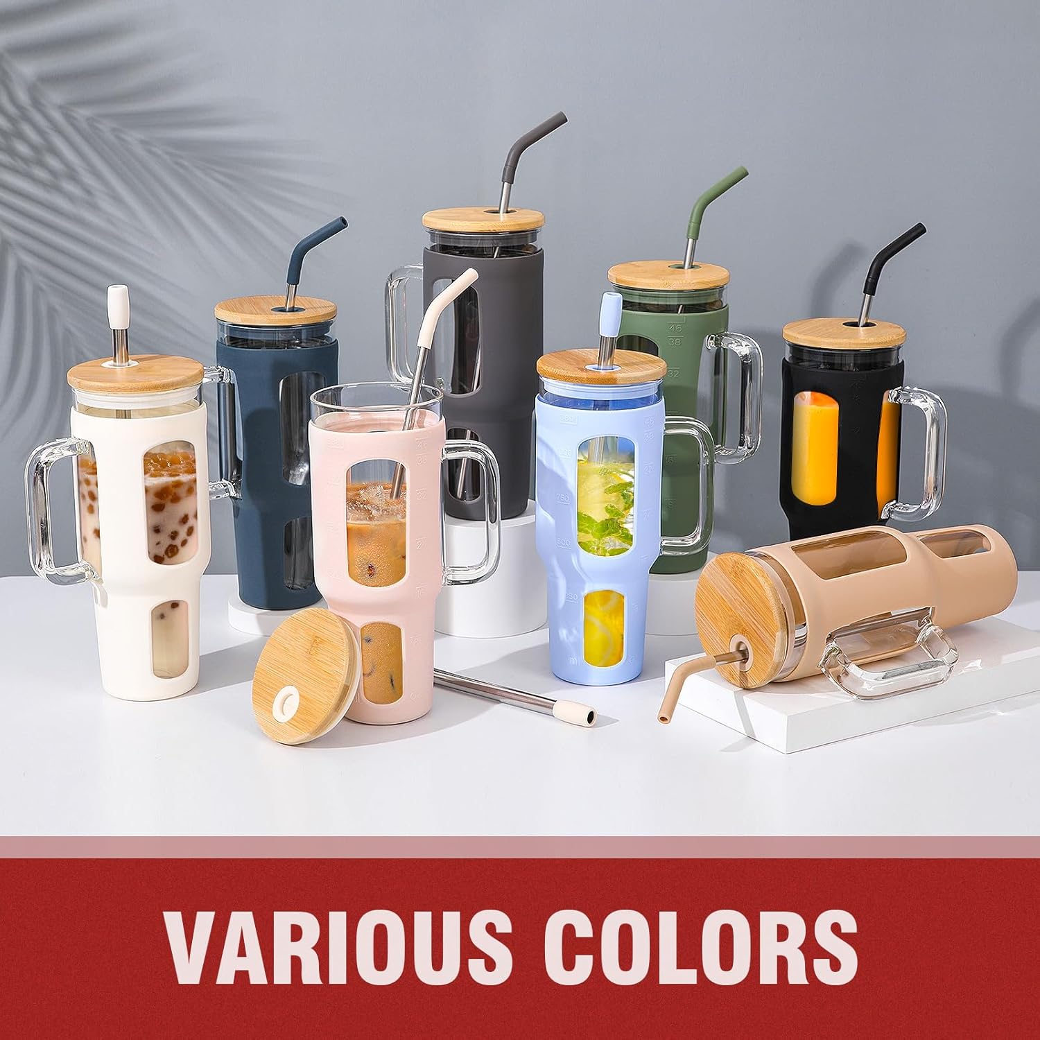 Glass Tumbler with Lid and Straw, 46 oz Iced Coffee Cup with Handle, Large Water Bottles with Silicone Sleeve, Glass Cup with Straws - Pearl Straw & Drinking Straw BPA Free-Black - Image 7