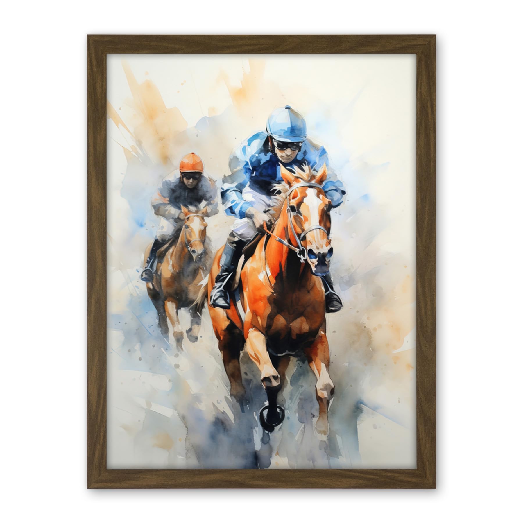 Artery8 Horseracing Jockeys Racing Horses Action Watercolour Kentucky Derby Grand National Cheltenham Gold Cup Painting Blue Orange Race Sport Artwork Framed Wall Art Print 18X24 Inch