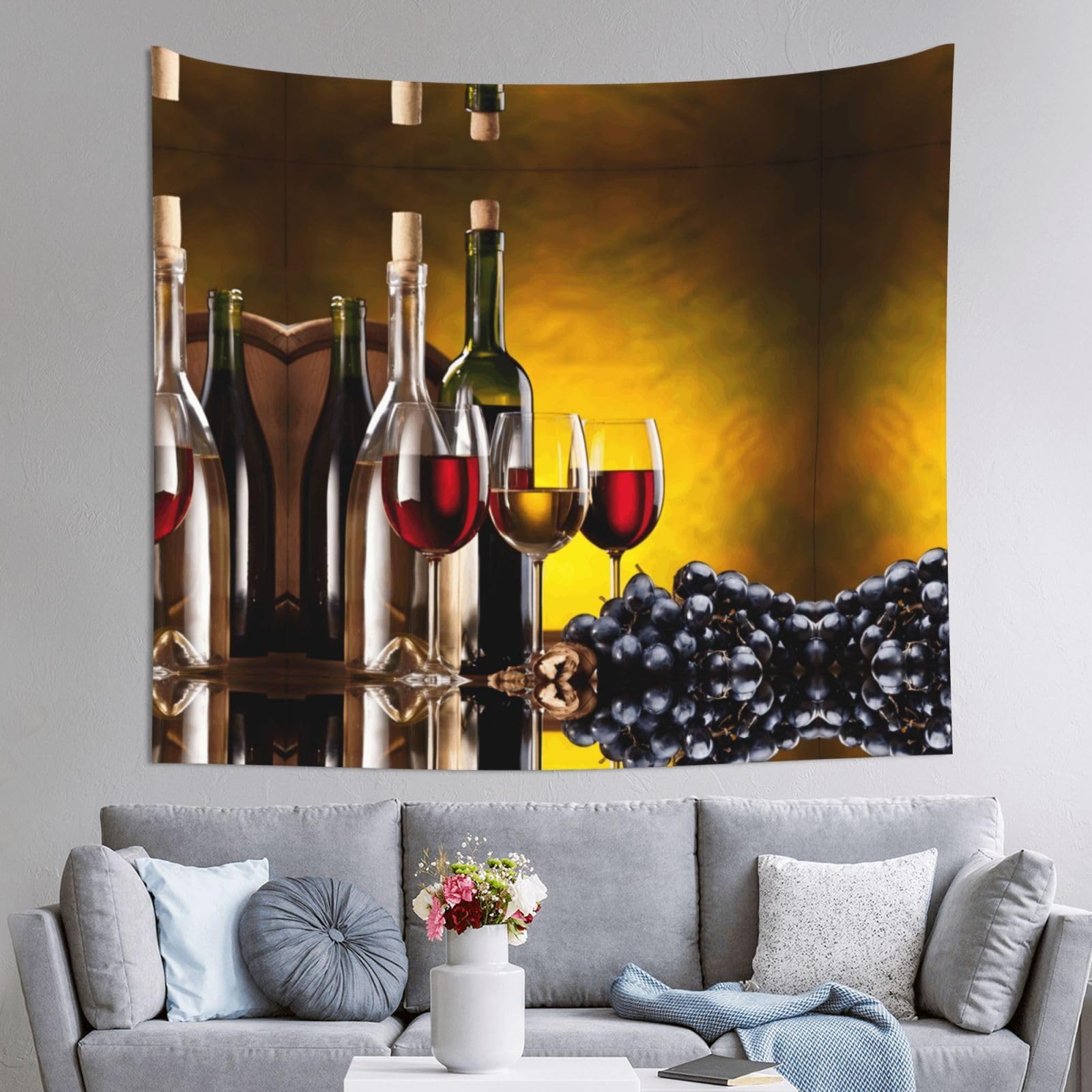 HLSBSSL 60x51in Grapes Wine Bottles and Drink Printed Tapestry Tablecloth for Dormitory and Picnic Rooms - Multifunctional Fabric Hanging