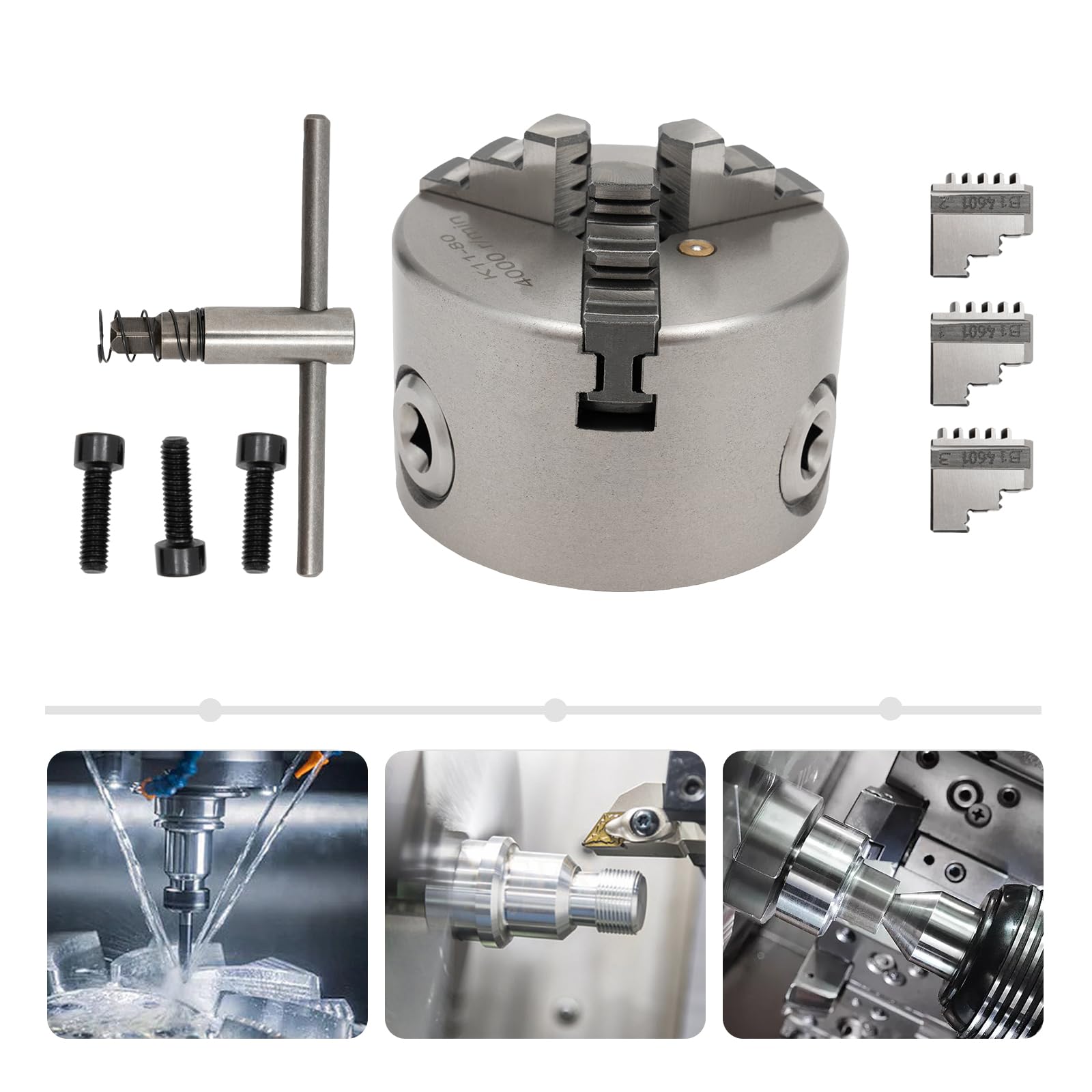 Mandril autocentrado de 3 mordazas, plateado, hierro + acero, rango de sujeción de 2 a 22 mm, rango de sujeción de 25-70 mm, con llave de mandril + mandíbulas, para tornos y CNC