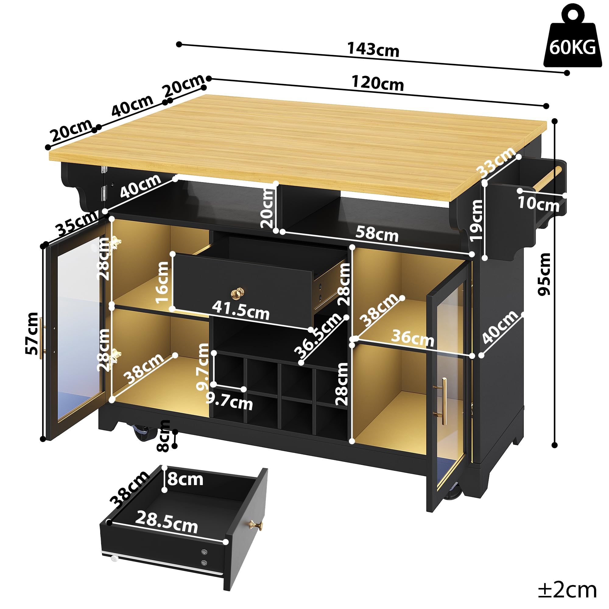 îlot de cuisine avec éclairage LED, plateau de table rabattable des