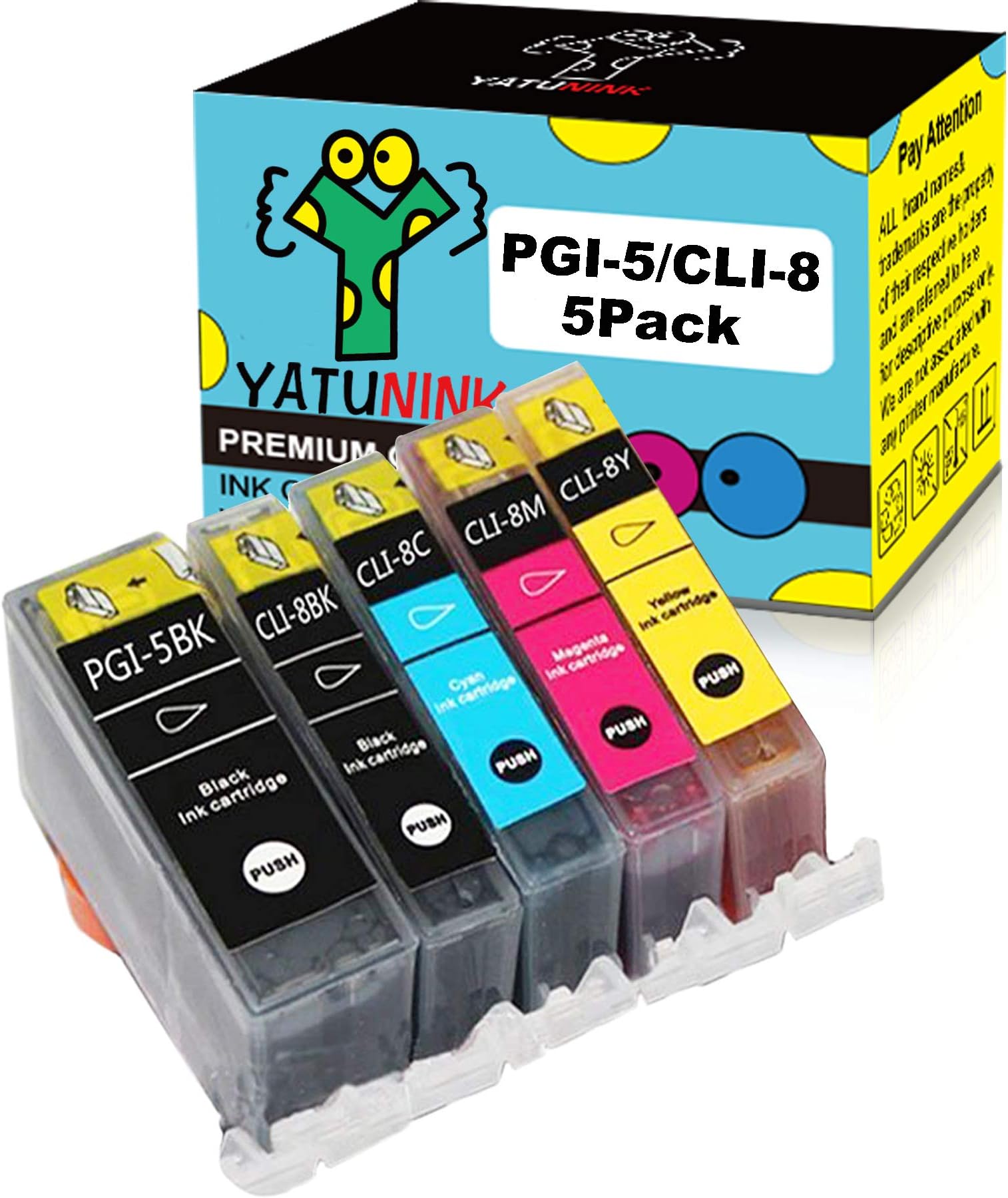 YATUNINK 1 Set Compatible Ink PGI-5BK CLI-8BK CLI-8C CLI-8M CLI-8Y Inkjet Cartridge for Canon PIXMA MP-500 MP-530 MP-830 MP-950 MP-960 MP-970 MX-850 PIXMA Ip4200 Ip4500 Ip5200