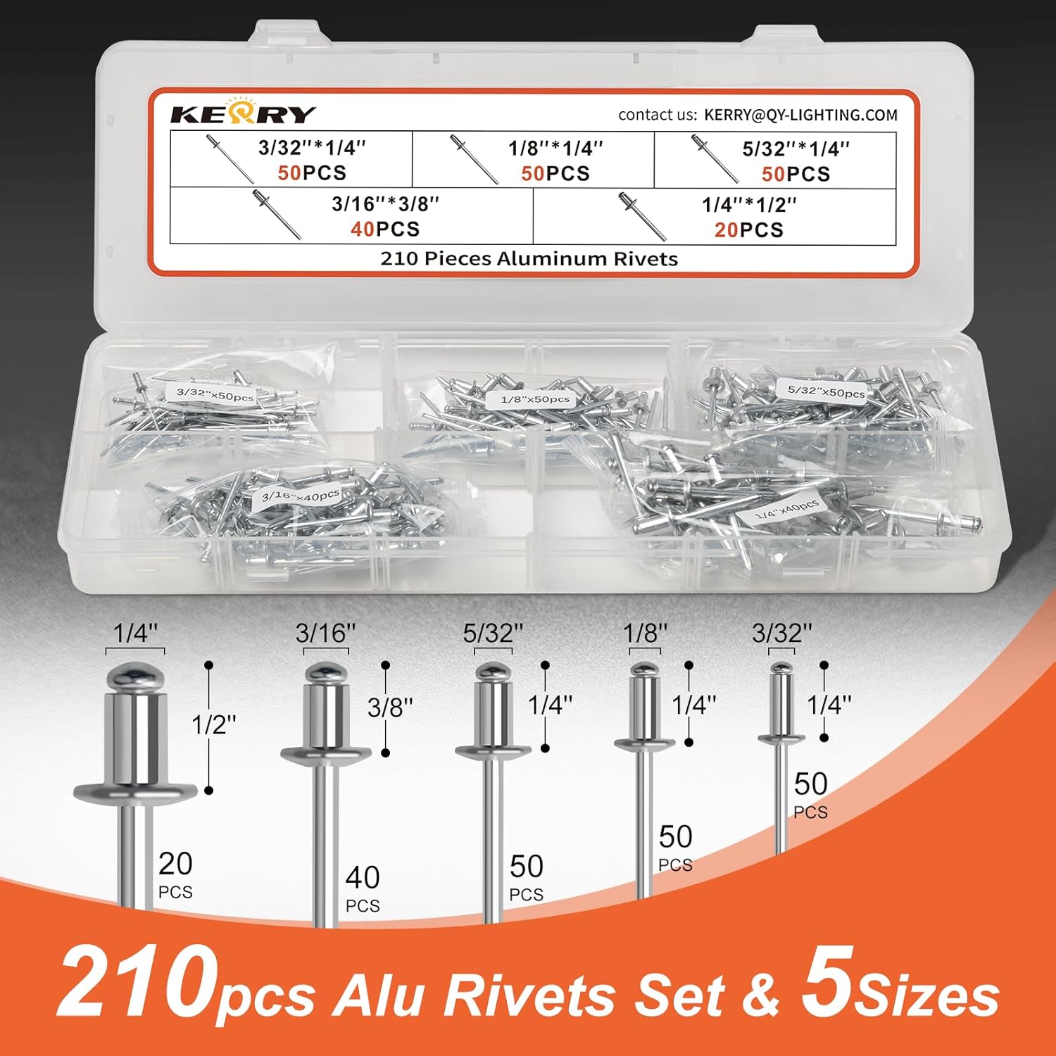 Kerry 14-Inch Rivet Gun, 1/4" Pop Riveters with 210pcs Rivets, Heavy Duty Two-Handed Rivet Tool Kit with 5 Nosepieces 3/16" 1/8" 5/32" 3/32" 1/4" for Metal Automotive