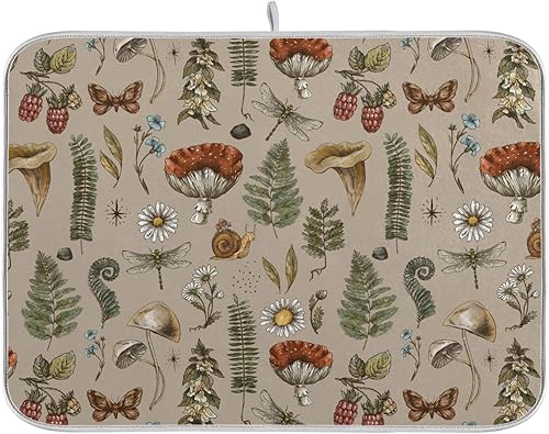 Miniatura 1 de Tapete de secado de platos vintage con margaritas y mariposas del bosque para platos, accesorios de cocina, tapete escurridor de platos de