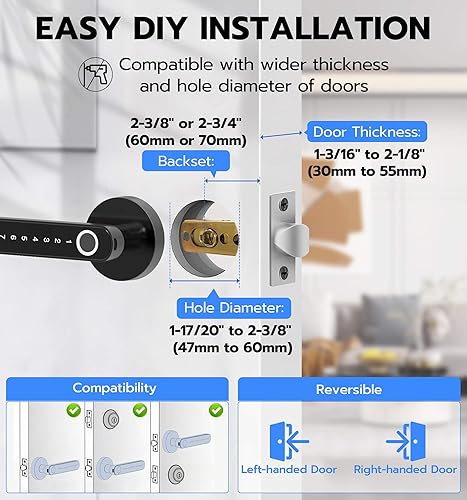 Miniatura 6 de eLinkSmart Cerradura de perilla de puerta de huellas dactilares, entrada inteligente sin llave con mango de teclado de código, palanca de bloqueo