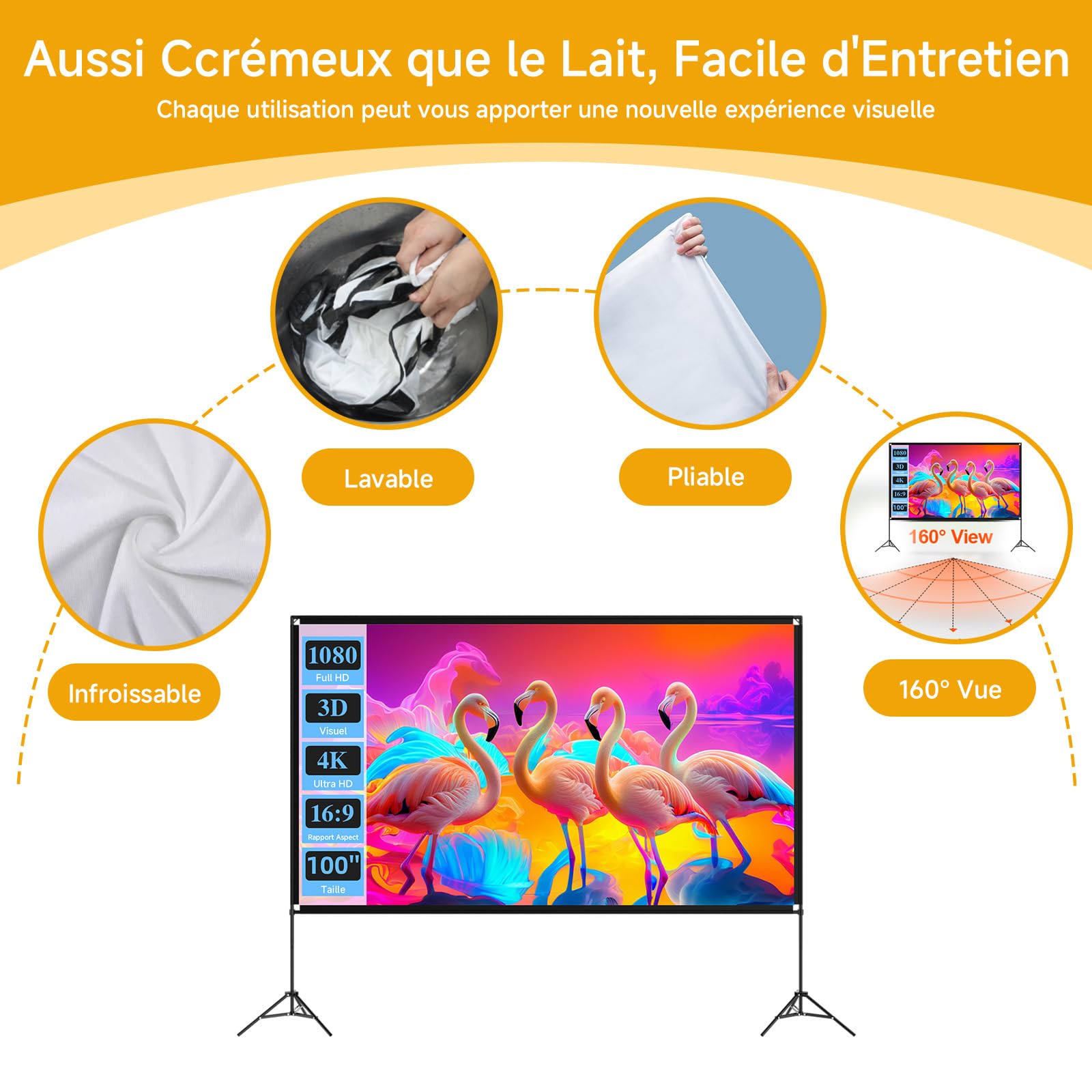 VISULAPEX Ecran Videoprojecteur sur Pied, Écran de Projection Portable 100 Pouces, 16:9, 4K HD Ecran Projecteur Pliable avec Sac de Transport pour L'intérieur, Home Cinéma, Cinéma de Jardin