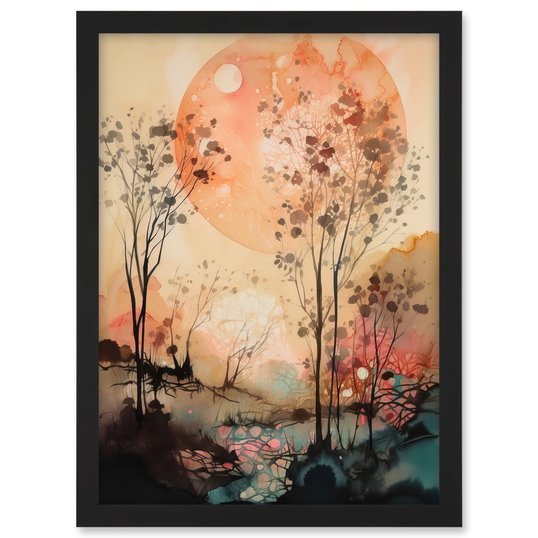 Artery8 Misty Riverside Trees Sunset Landscape Modern Boho Watercolour Painting Artwork Framed A3 Wall Art Print