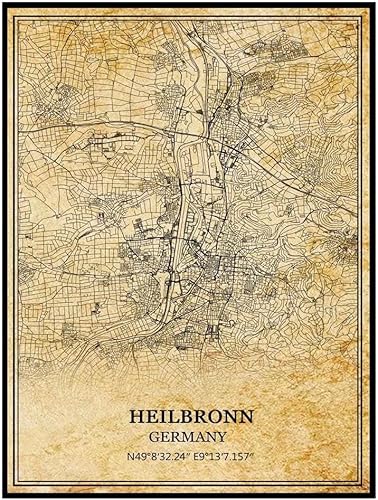 TANOKCRS Heilbronn - Póster de mapa vintage de Alemania, arte de pared, diseño de mapa de carretera de la ciudad, regalo de recuerdo de viaje,