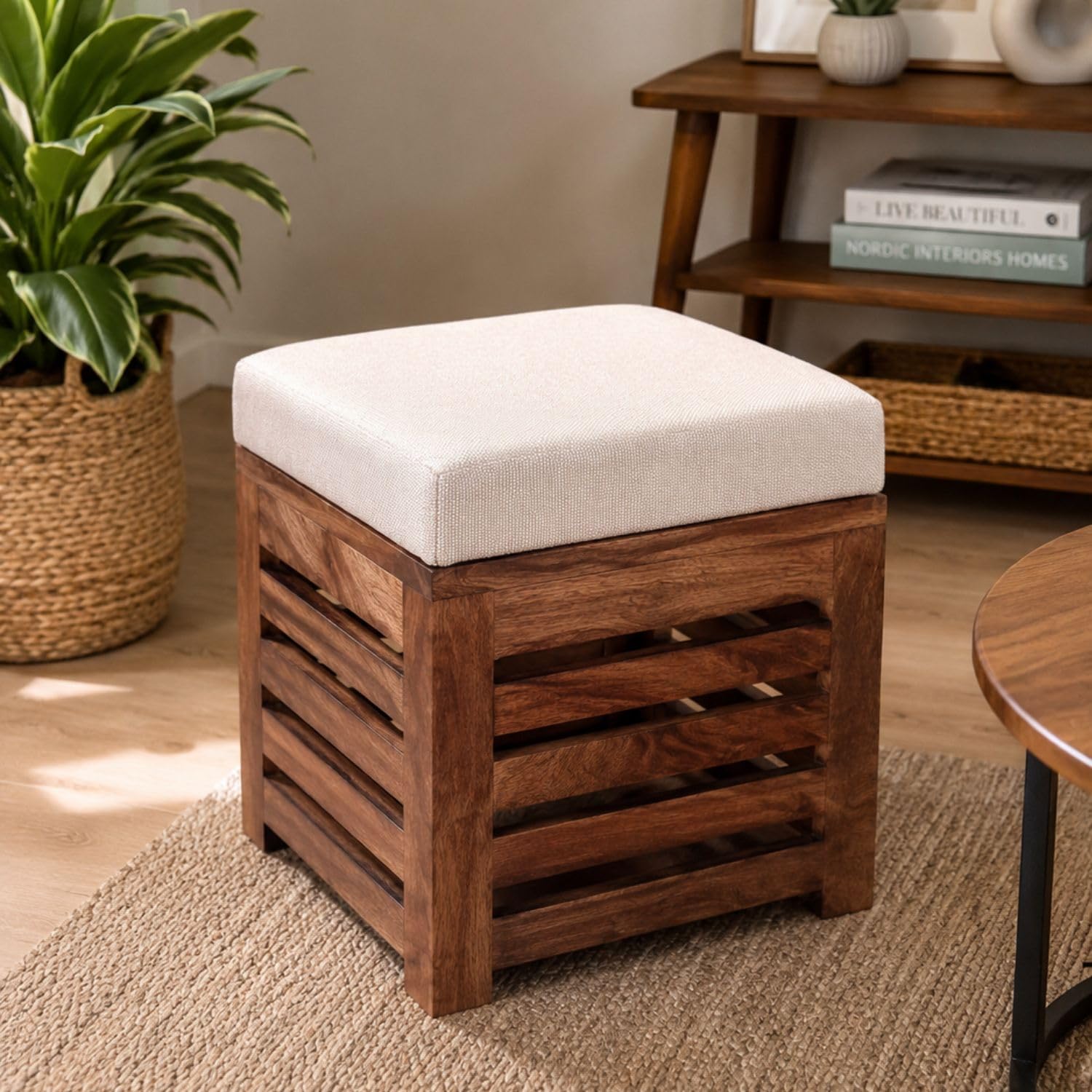 Wooden Living Room Stool| Bedroom Table| Dressing Table Stool, Natural Color, Modern Style Square Leg, 11" x 11" x 11" (Burning)-image-1