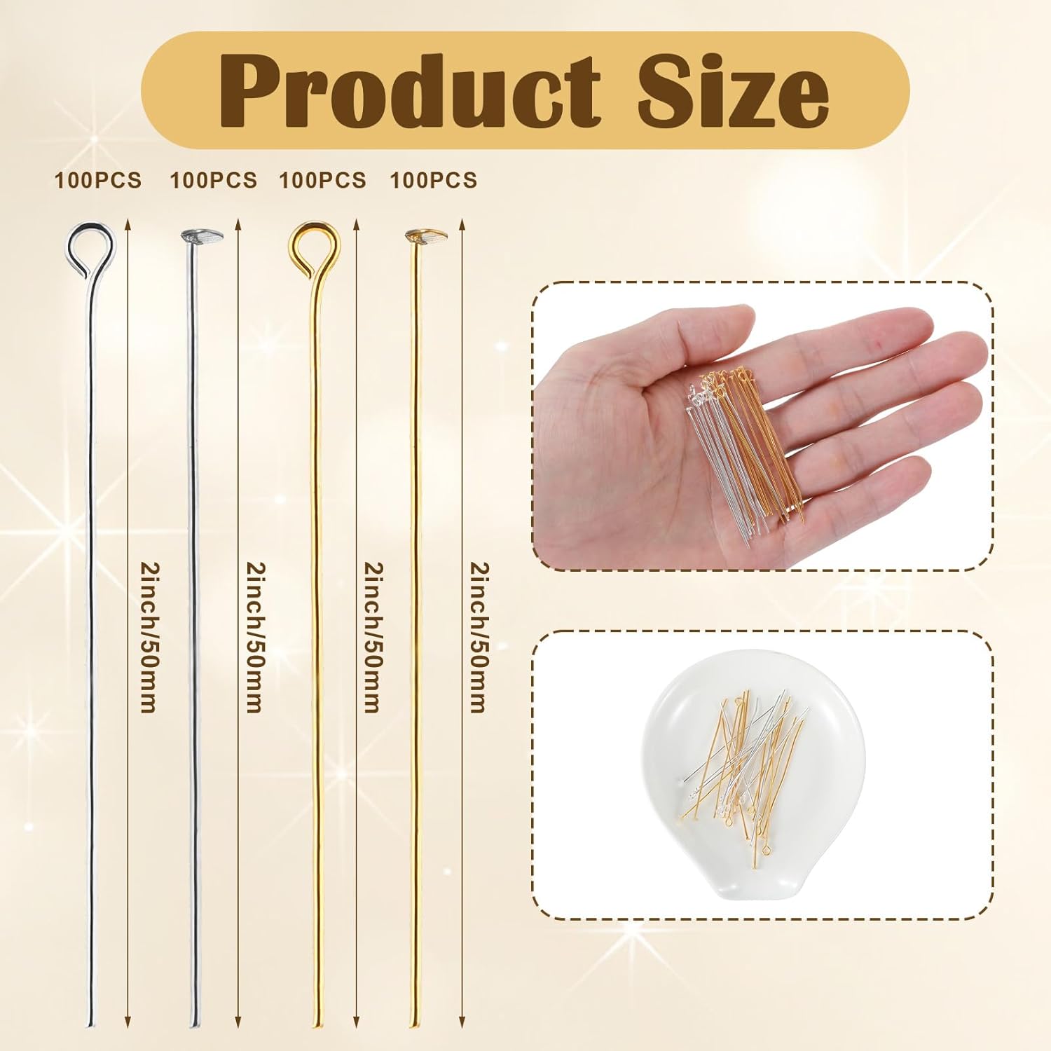 400Pcs Head Pins for Jewelry Making, 2 Inch Flat Head & Eye Pins, Metal Flat Headpins for Jewelry Making DIY Craft Earring Bracelet Necklace Pendant Supplies, Gold, Silver - Image 2