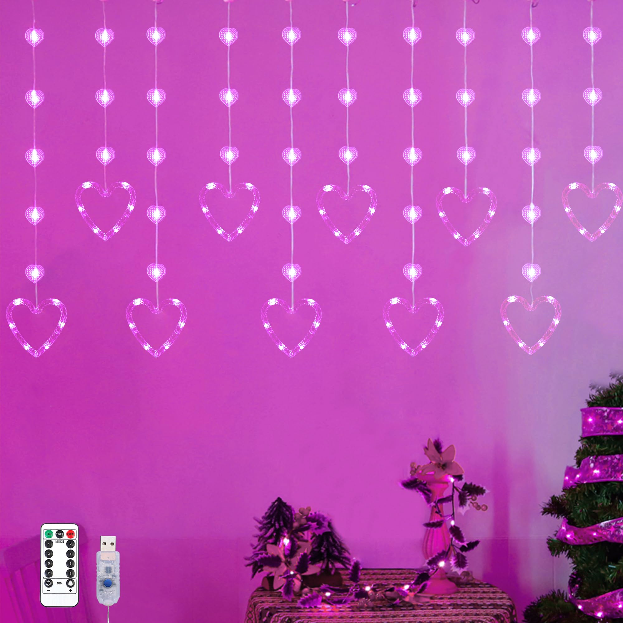 YOLIGHT Heart Curtain Lights, 9.8ft Valentine's Day Window Light, USB Plug LED Hearts String Lights, Light up Heart Hanging Lights for Valentines Mother's Day Room Decoration (Pink)