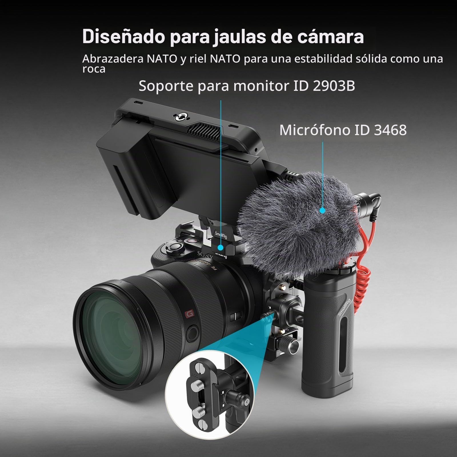 SMALLRIG Empuñadura Lateral Mini con Pinza y Riel NATO, para Mano Izquierda o Derecha, Ajuste Vertical, con Zapata Fría y Rosca, Carga Máx. 10kg - 5947