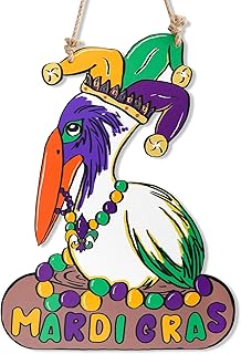 Mardi Gras Decorations, Wooden Pelican Sign for Mardi Gras Front Door Hanger, New Orleans Carnival Signs Decor Wreath Mantel Home Wall Porch for Holiday Hanging Decorations Outdoor Indoor