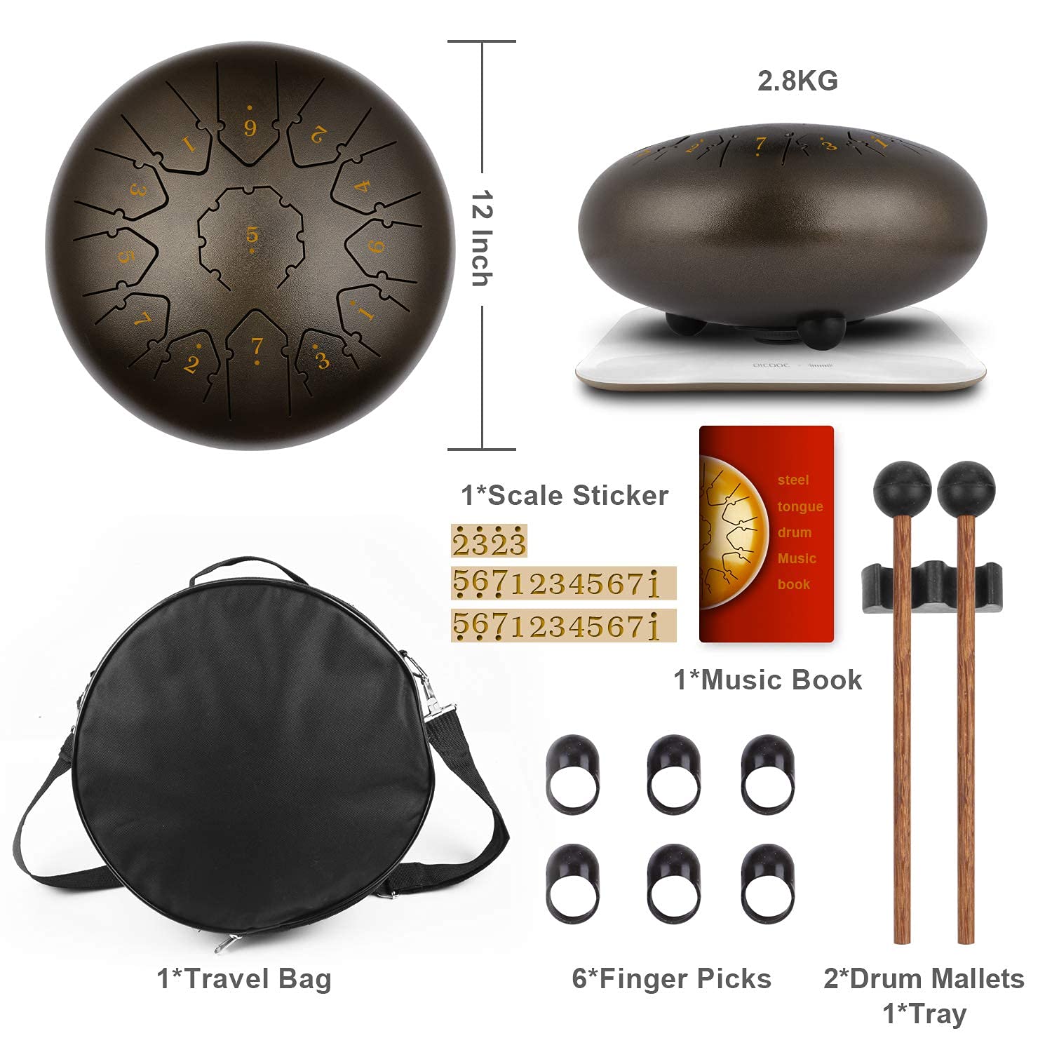 KUD Tongue Drum, 12 Zoll 13 Tone C-Dur Zungentrommel Schlagzeug Instrument, Steel Pan Töne Schlaginstrument Hand Pan Drum mit Trommelschlägeln Tragetasche Note Sticks für Meditation Yoga Klangheilung