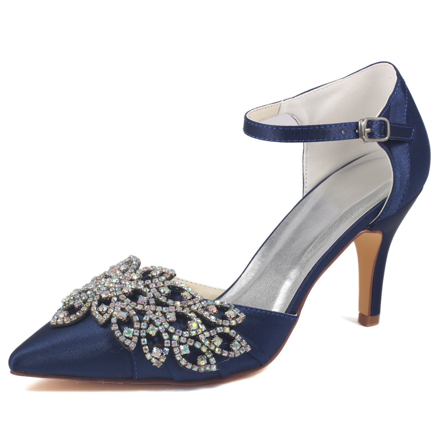 Emily Bridal Women's Wedding Shoes Deep Blue Pointed Toe Stiletto Rhinestones Elegant Imitated Silk 