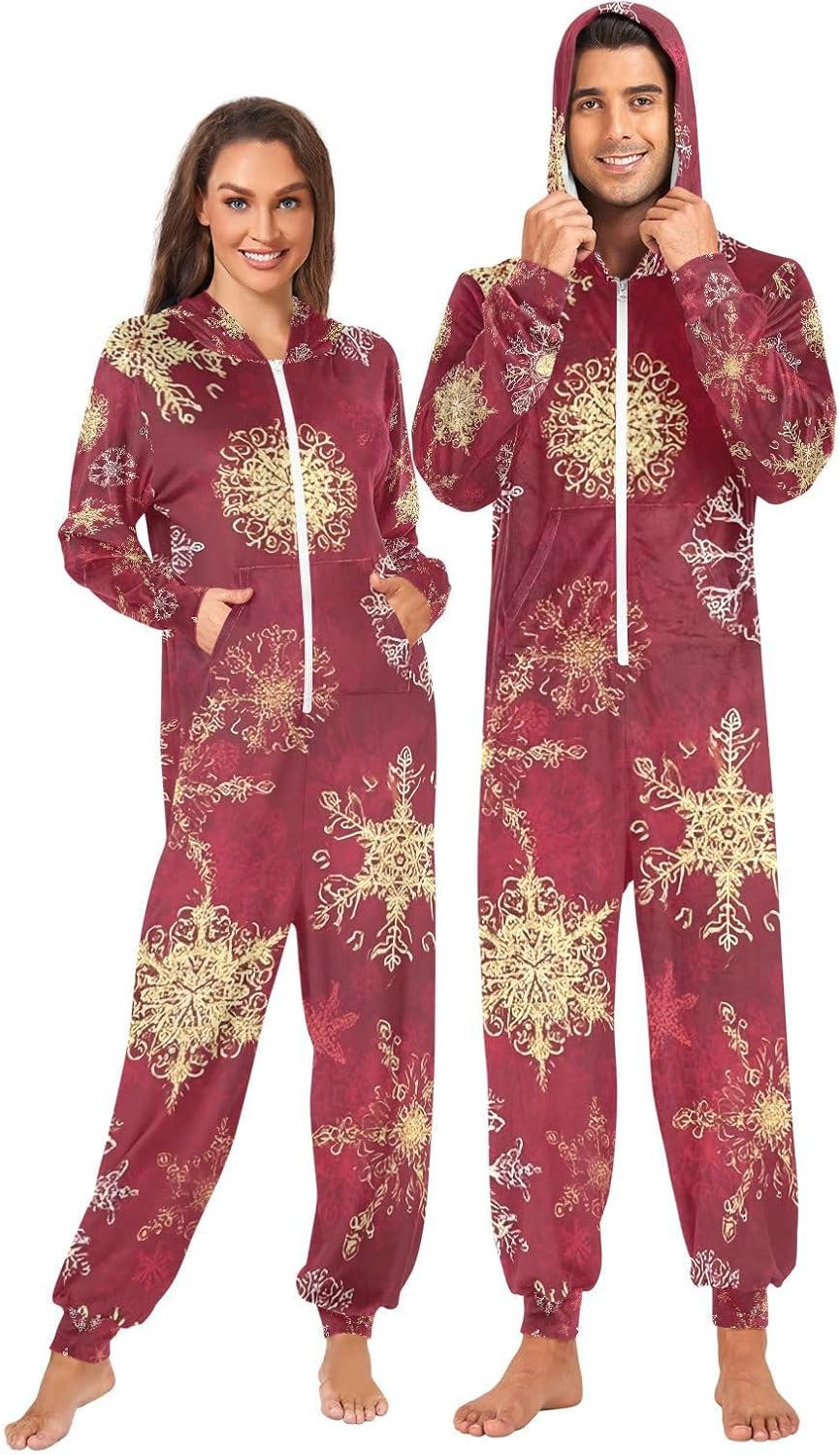 Red Snowflakes Gold Adult Onesie Pajamas for Unisex Novelty One Piece Costume Sleepwear