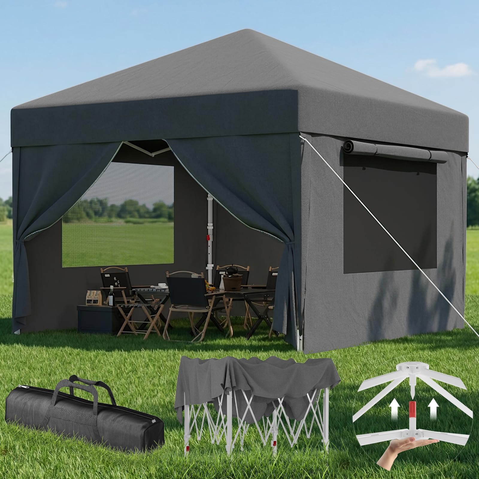 Devoko Gazebo Pieghevole 3x3 Impermeabile Stabile Invernale con Finestra a Rete Aerata, Protezione UV 50+, Tenda da Giardino Campeggio Grigio