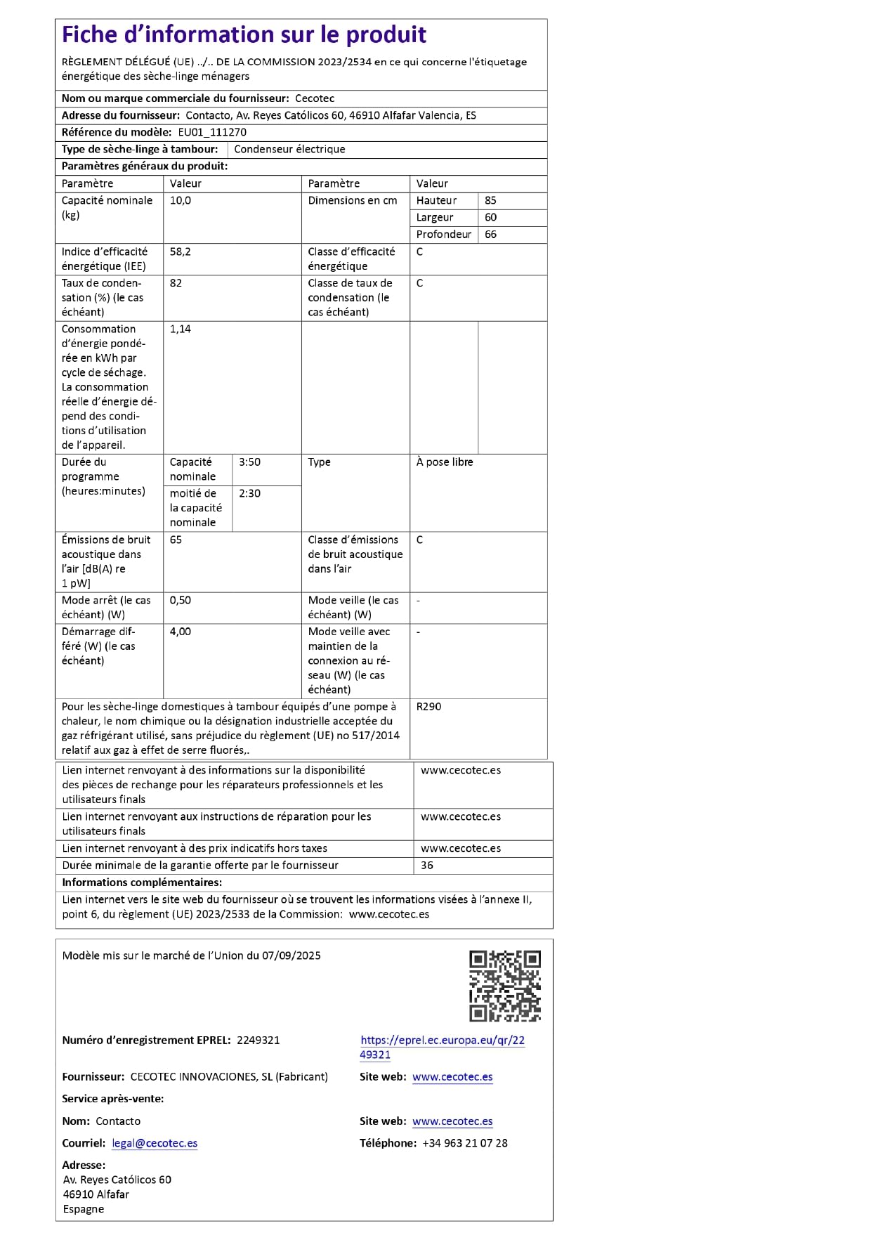 Cecotec Sèche-linge à Pompe à Chaleur 10 kg Bolero Dresscode Dry 10505 Inverter, Classe Équivalente A+++, 14 programmes, Fonctions comme UV Care, Repassage Facile, Certification Woolmark, Blanc