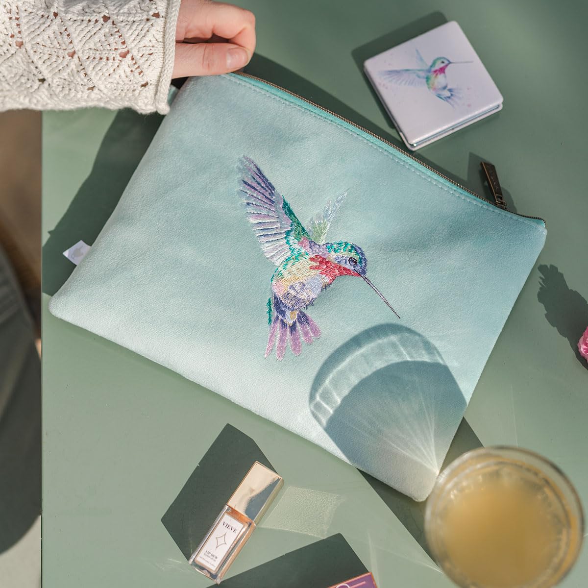 Wrendale Designs by Hannah Dale 'Wisteria Wishes' Hummingbird Embroidered Pouch, Blue, 10.2 x 7.7 x 0.4 inches - Image 2