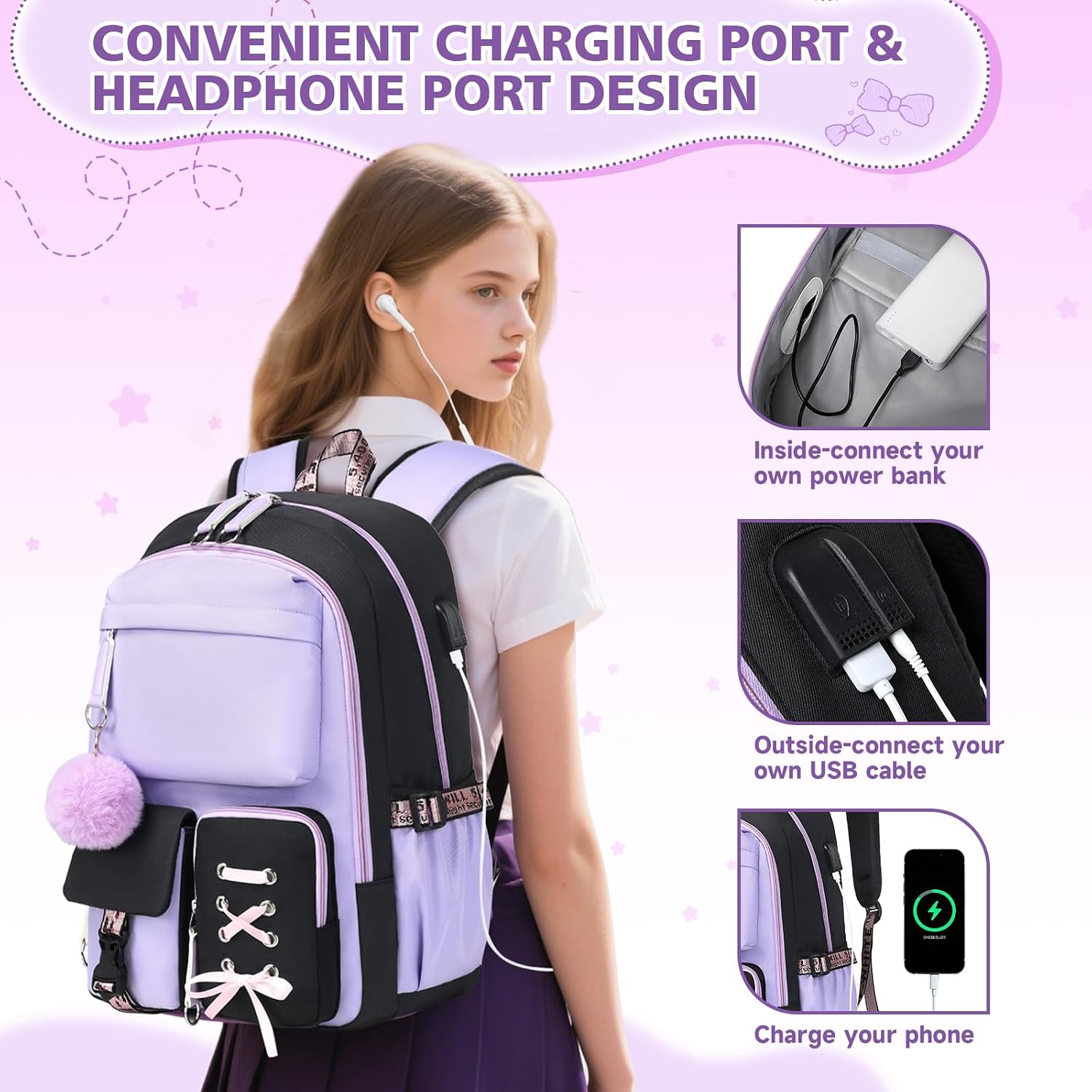 Backpack for Girls Women College Laptop Backpacks Girl Cute School Bag Set with Lunch Box Kids Bookbag with USB Charging Port College Middle High School Backpack for Teen Girls Travel Daypack-Purple