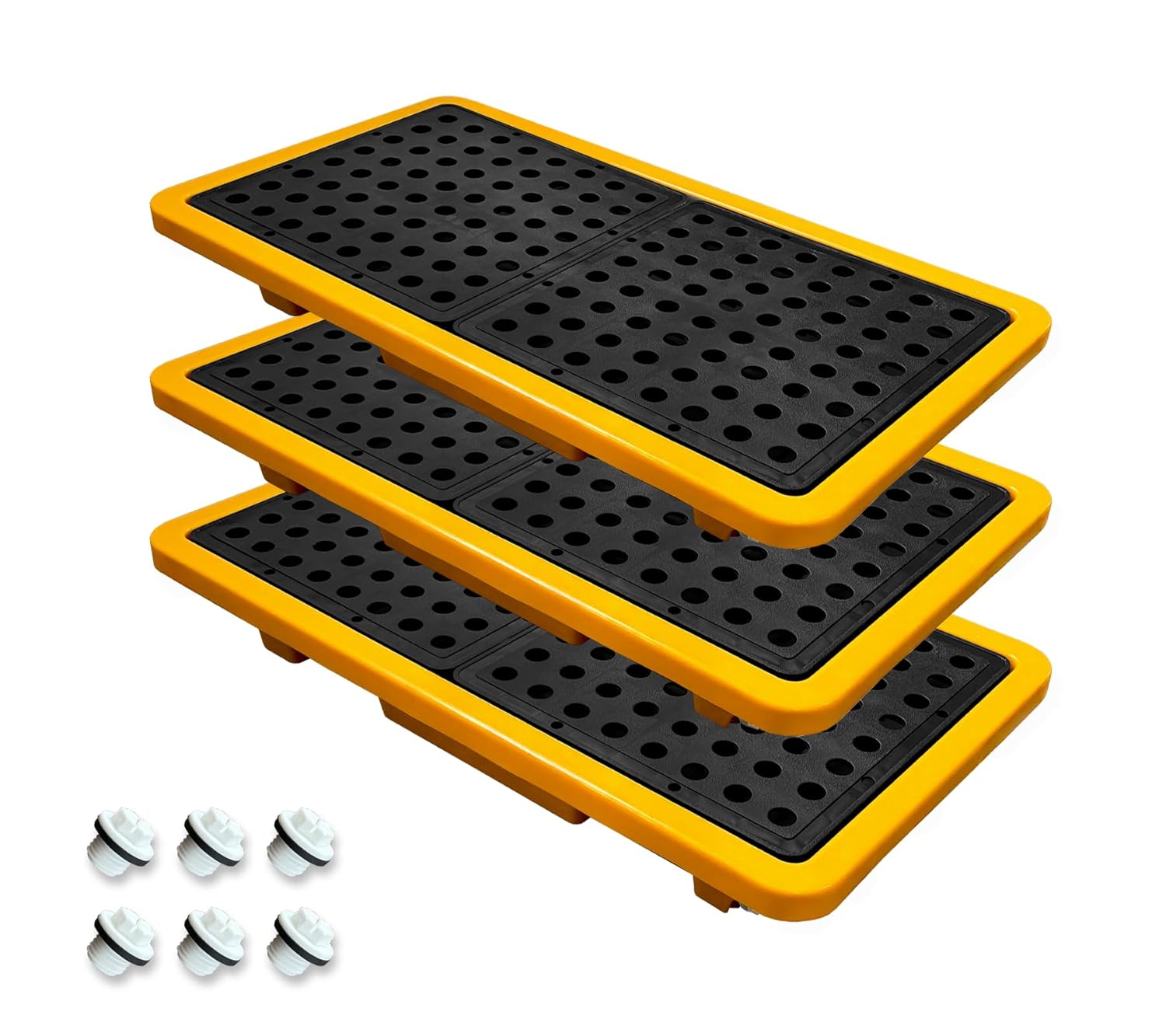 3 Set Spill Containment Pallet with Drain 26x14x4.7in 5.3Gal Capacity Spill Control for Countertop lab Chemical Containers Tabletop Garage Modular Nestable Easy to Transfer Durable HDPE