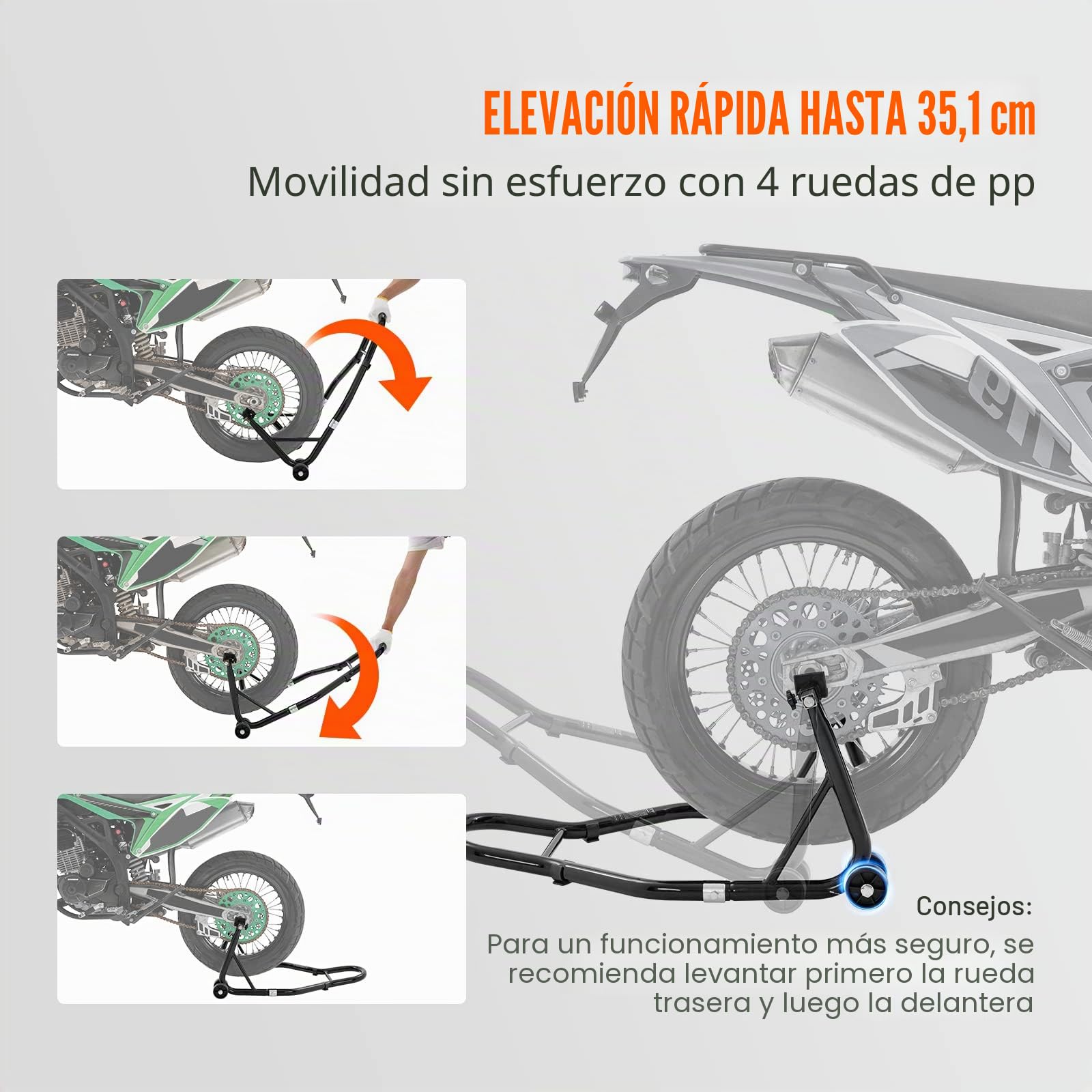VEVOR Soporte de Moto para Carga de Rueda Trasera 0,39T Soporte de Taller con Brazo Ajustable Soporte de Rueda de Acero Elevador de Moto Compatible con Diámetro de Rueda 350mm Reparación Mantenimiento