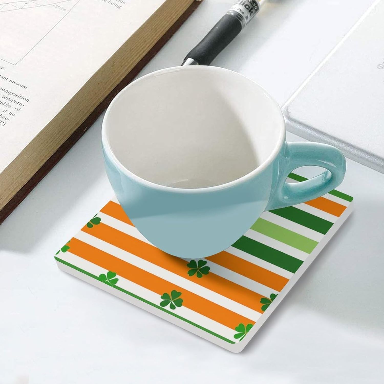St-Patrick's-Days Stripe Coasters for Drinks Square Table Coasters Set Cup Mats with Cork Base