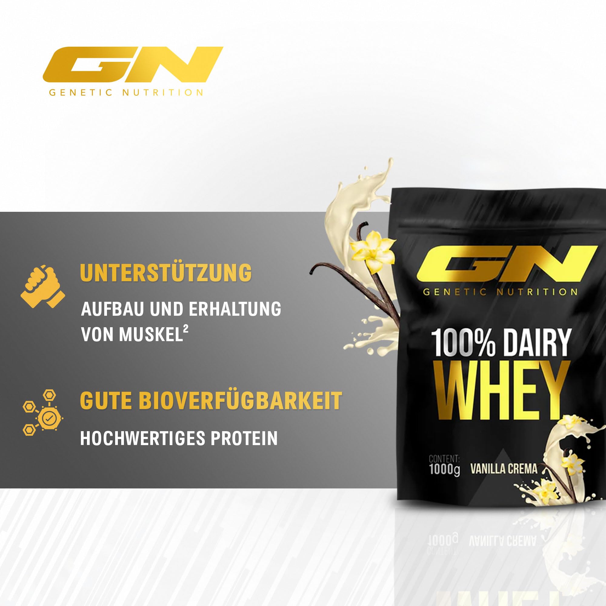 GN Laboratories Whey Protein Pulver – Hochwertiges Molkenprotein für Muskelaufbau & Regeneration – Low Carb & Glutenfrei – Geschmack: (Vanilla Cream) – 1 kg Premium Eiweiß, Made in Germany