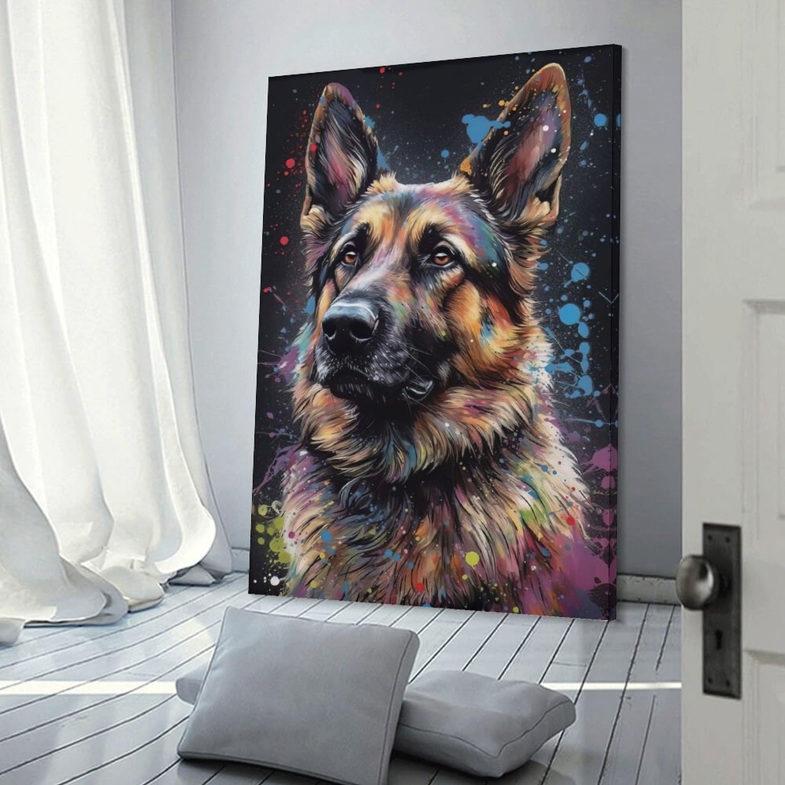 Junmoney Frame-Style-10 Canvas Wall Decor Colorful German Shepherd Art Print, 20X30inch(50X75cm), For Home Lounge, Bedroom Or Reading Nook, Eye Catching Artwork For Blank Walls