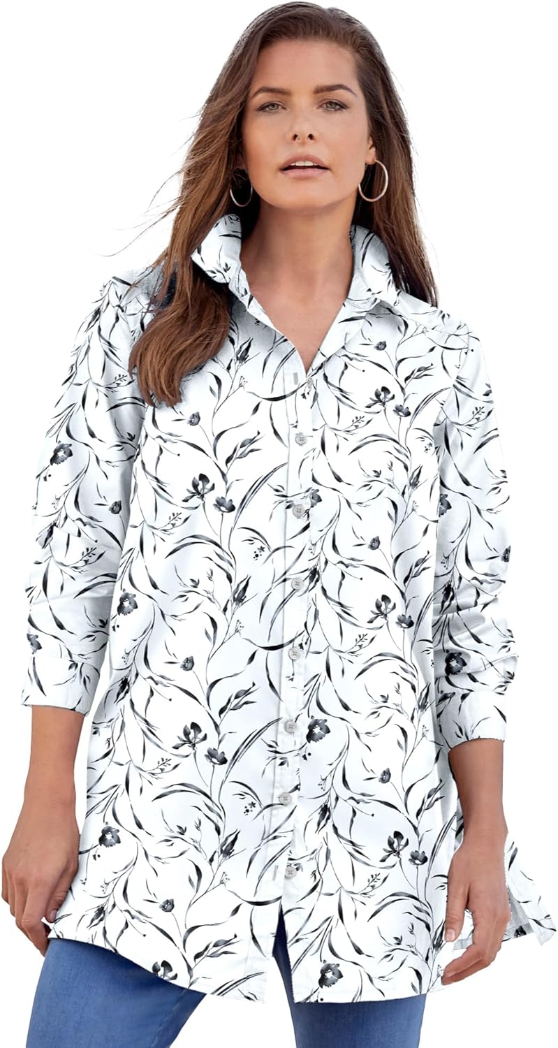 Roaman's Women's Plus Size Kate Long-Sleeve Crisp Cotton-Blend Button-Front Tunic