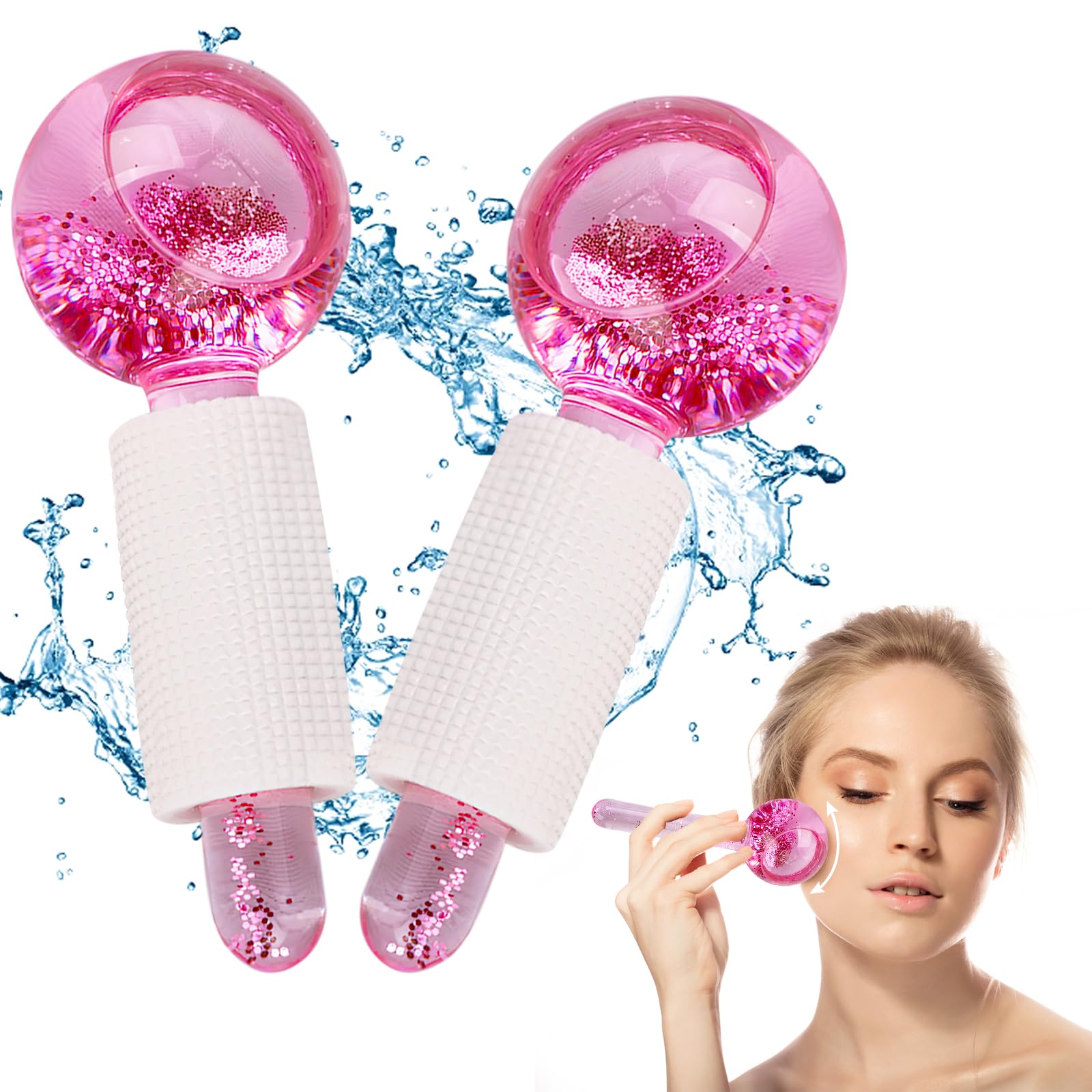 2 globos faciales de hielo para rostro, juego de bolas de enfriamiento para ojos y cuello, rodillo facial para tonificar la piel, reducir la hinchazón, ojeras, mejorar la circulación sanguínea (rosa)