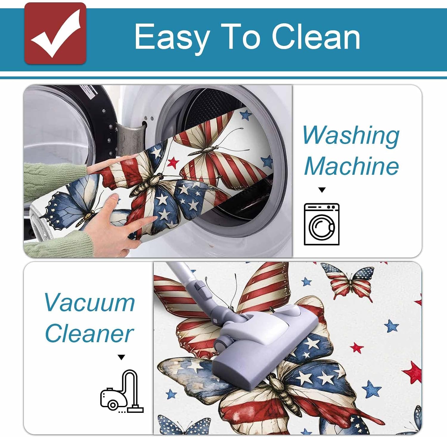 Prime Leader Independence Day Kitchen Mat Set 2 Pieces USA Flag Retro Butterfly Red Blue Star Non Slip Kitchen Rugs Washable Runner Rug Mats for Sink Laundry (23.6" x 35.4"+23.6" x 70.9")