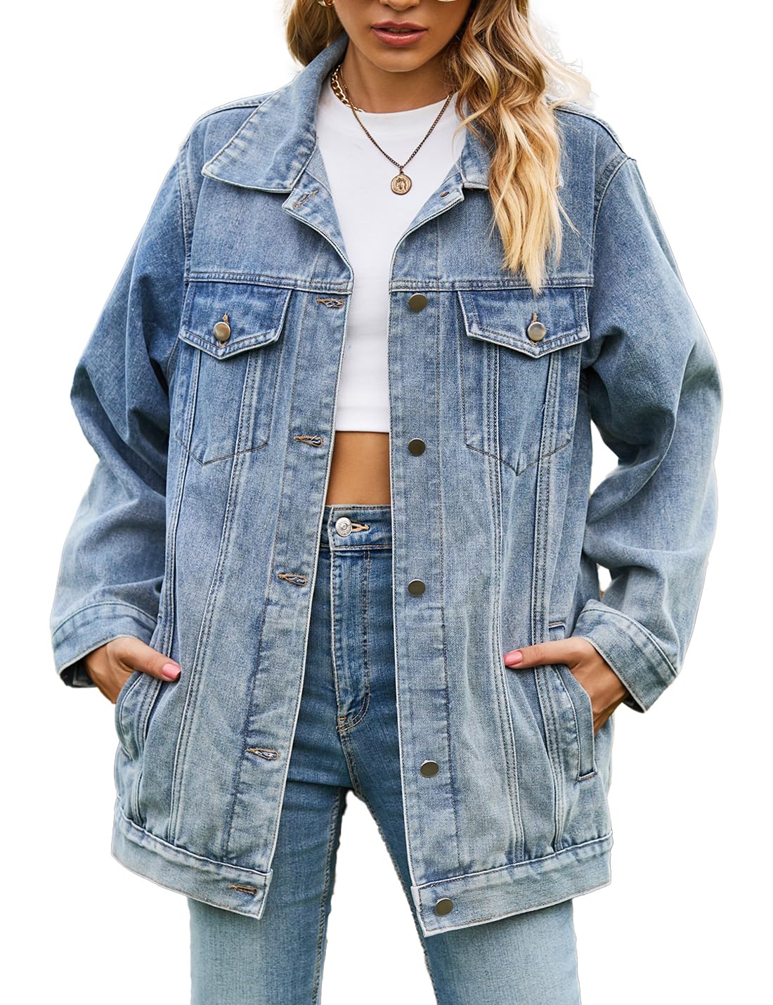 Vanchenl Casual denim jas voor dames, oversized, button up, turn down kraag, losse lange mouwen, halflange mantel, donkerblauw, S Vanchenl Casual denim jas voor dames, oversized, button up, turn down kraag, losse lange mouwen, halflange mantel, donkerblauw, S