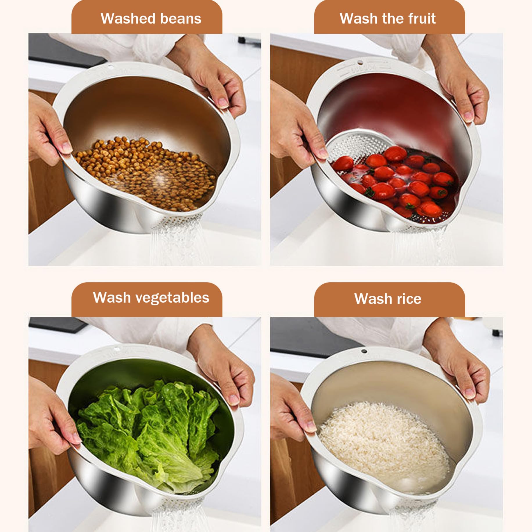 Colador de arroz Lavadora de arroz de drenaje lateral Tazón de lavado de acero inoxidable con gancho para colgar Colador inferior en forma de V para limpiar frutas, verduras y frijoles