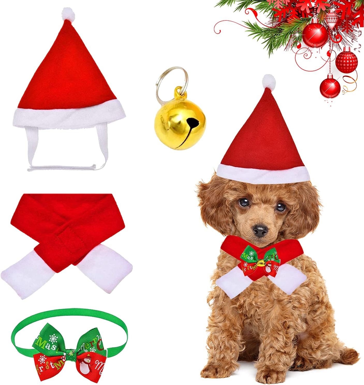 MELLIEX 3 Pack Pet Christmas Outfit Set Christmas Bandana Santa Hat Bow