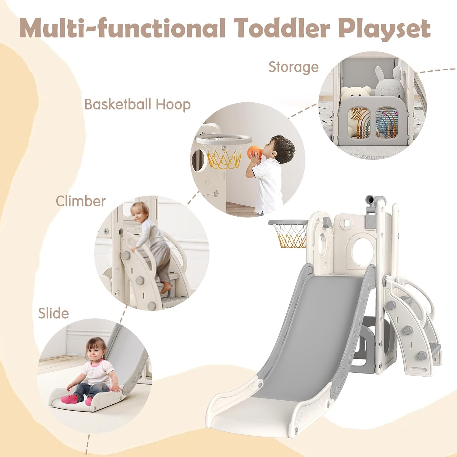 kinbor 6 in 1 Toddler Slide PlaySet - Indoor Outdoor Fun for Kids Ages 1-3, Includes Basketball Hoop, Telescope, Storage & Climber, Safe, Sturdy Baby Slide for Backyard Playground, White+Gray