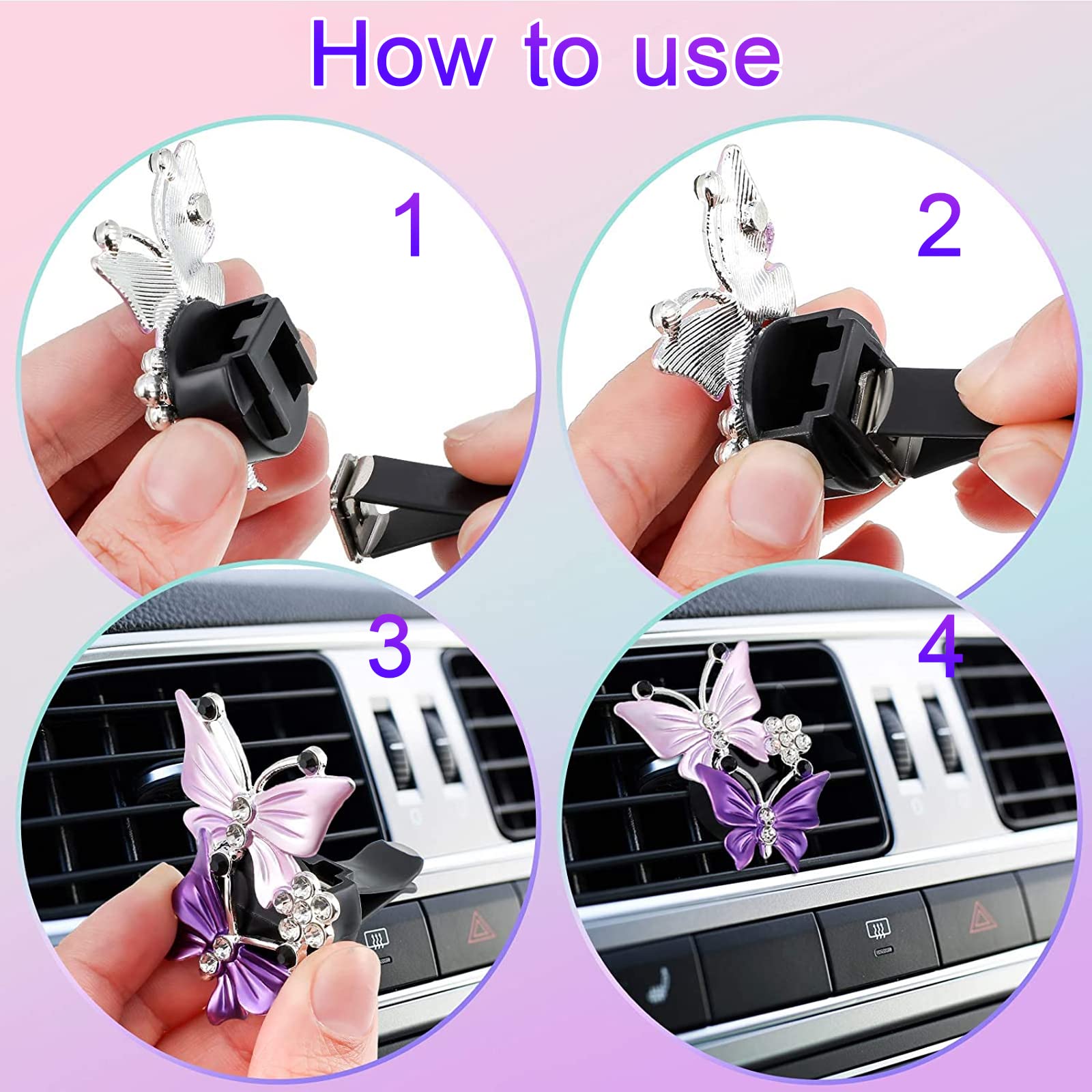 2Pcs Bling Butterfly Air Vent Clips Cute Rhinestone Car Air Fresheners Vent Clips Crystal Decoration Car Accessories for — view 4