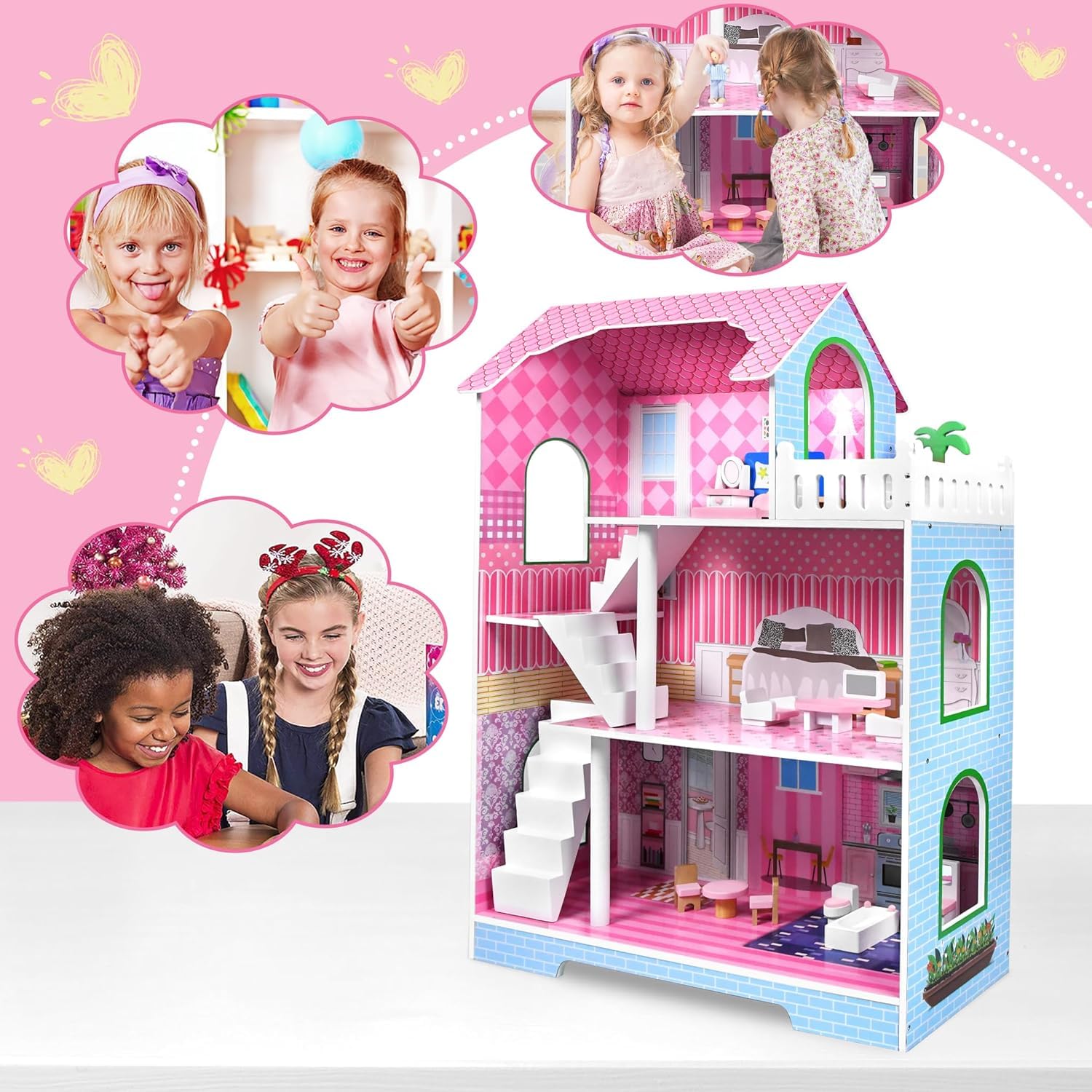 HENGMEI Casa de Muñecas de Madera para Niños Conjunto de Villa de Muñecas Dollhouse Set Juego para Niñas 3 Pisos Casa con Muebles y Accesorios, 70x30x100cm Casas de Muñecas para Niños (Tipo B)