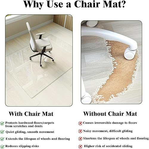 Vista 74 de Koonmi Tapete para silla de vidrio templado para suelos de madera dura y alfombras, 30 x 48 pulgadas, color gris, protector de piso de oficina