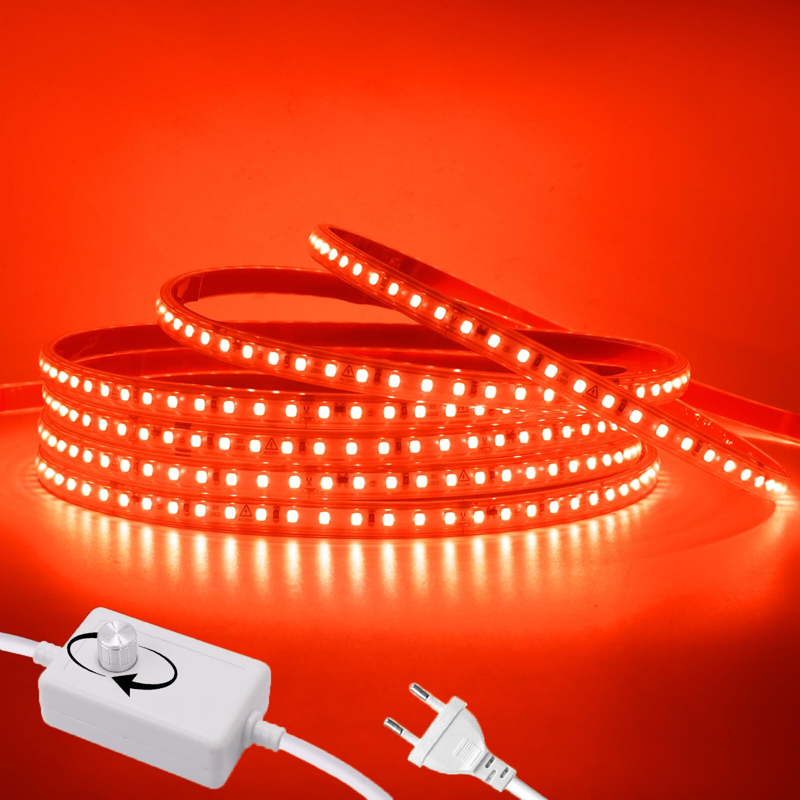 Striscia LED 220V Dimmerabile [22M, Rosso], 120 LEDs/m Striscia LED impermeabile IP65 flessibile e tagliabile CRI90+, illuminazione decorativa per casa e negozi