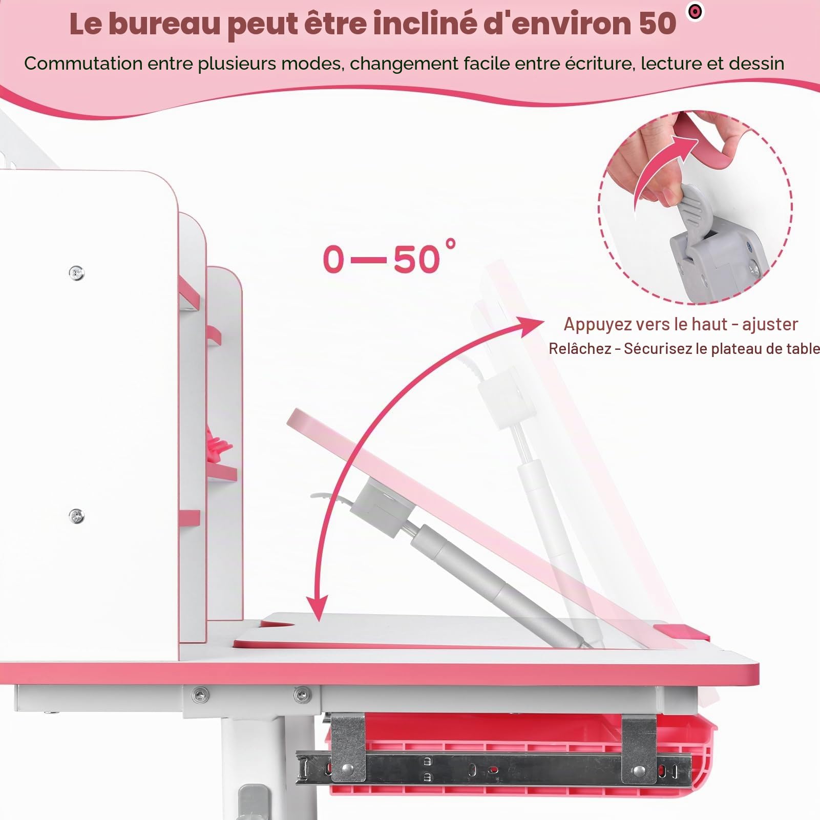 Bureau pour enfant réglable en hauteur avec chaise ergonomique, avec étagère à livres, tiroir et plateau inclinable à 50 °, rose