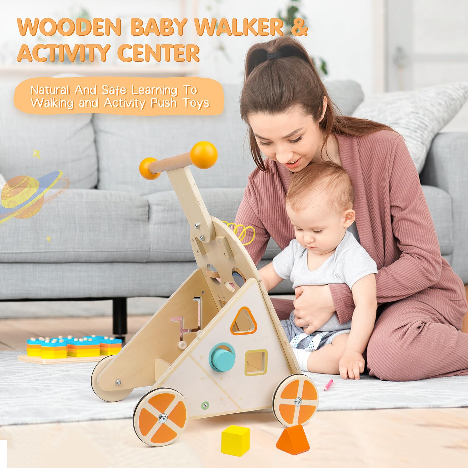 Jacootoys Activité Walker en Bois, Vitesse réglable Bambin Push Walker Activity Center Toy, Baby Walker en Bois Push et Pull Learning Walker pour garçons Filles 1 2 3 Ans