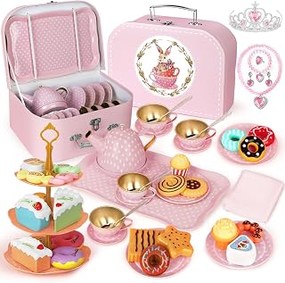 iAOVUEBY 49PCS Pink Princess Tea Party Set for Girls 3-8 with Tin Teapot, Desserts, Carrying Case & Jewelry
