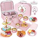 Tea Party Set for Little Girls, Princess Tea Time Toys Including Tin Teapot Set Cups Carrying Case, Toddlers Pretend Role Play Kids Kitchen Toys Birthday Gifts Age 3 4 5 6